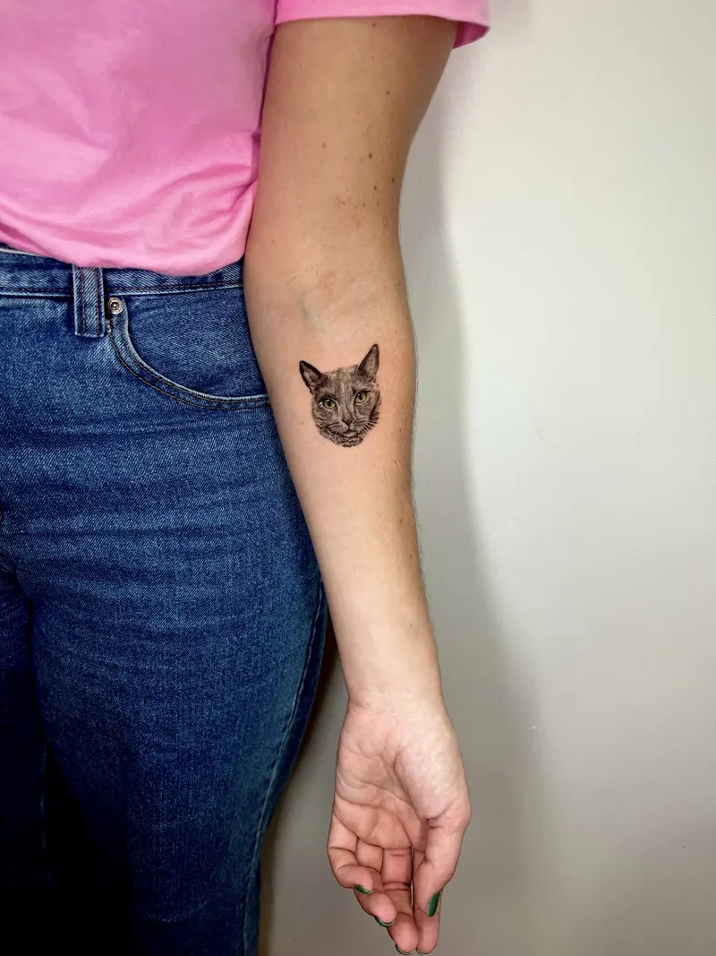 Retrato realista de gato en tatuaje pequeño, tinta negra.