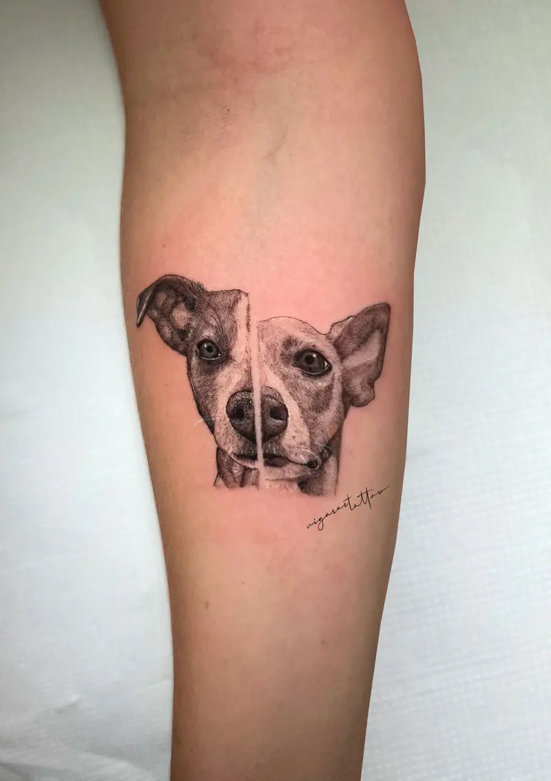 Retrato realista de perro en primer plano, blackwork.