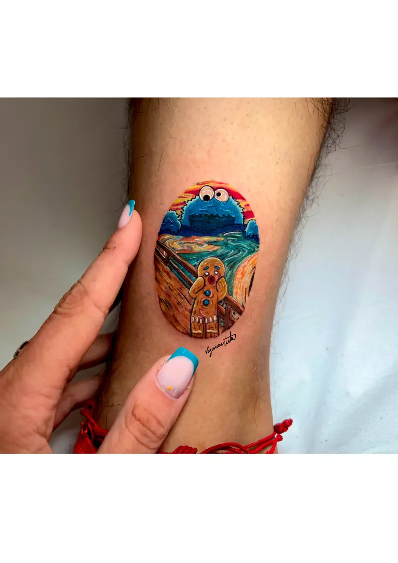 Versión ovalada de la escena inspirada en “El grito”: monstruo azul al fondo y galleta de jengibre delante.