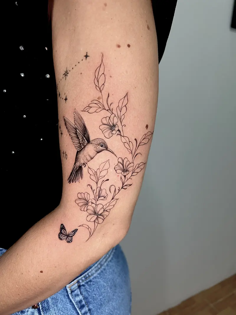 Colibrí en vuelo combinado con flores de línea fina, toques de estrellas y una mariposa pequeña.