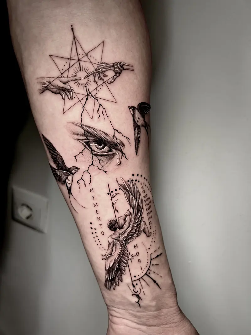 Collage black & grey de alto detalle: ojo realista, geometría, manos esqueléticas, aves y elementos simbólicos.