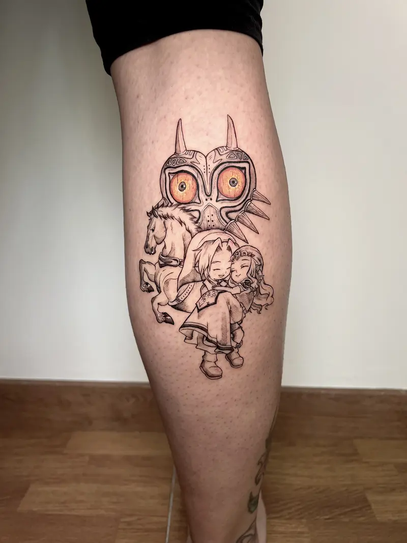 Ilustración inspirada en fantasía oscura con una figura enmascarada de grandes ojos y personajes infantiles.